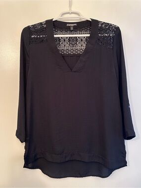 Express Black Lace Yoke V-Neck Tunic Blouse